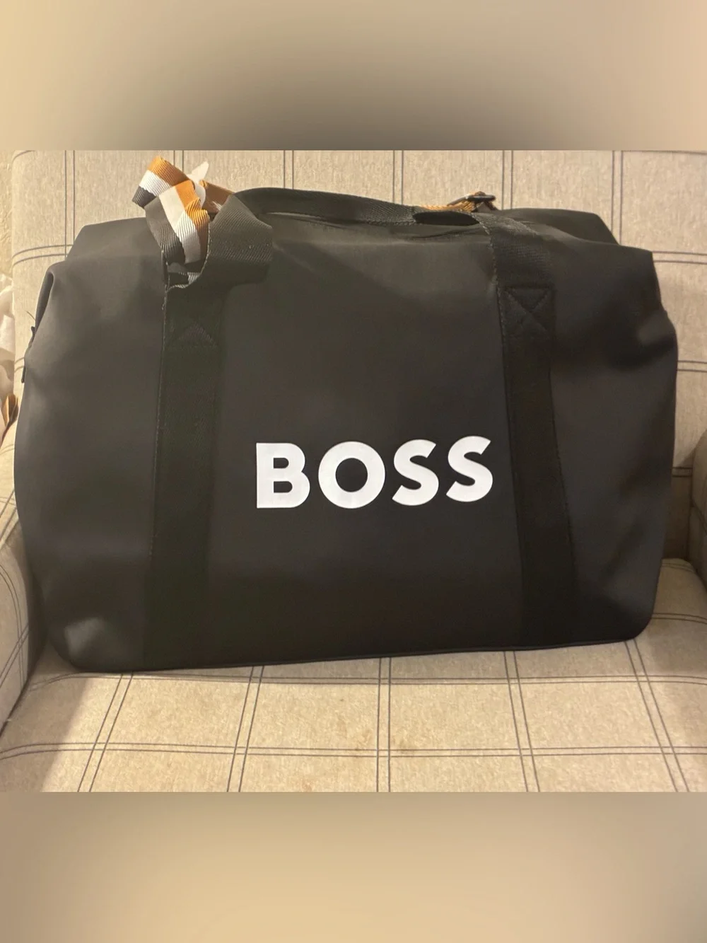 Ace!Hugo Boss Black Duffel Bag with White Logo and Royal Blue brown white strap